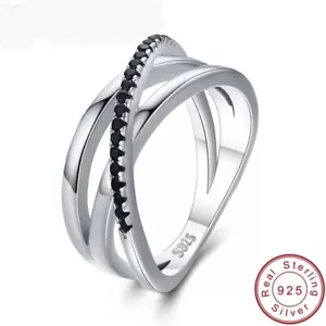 925 Sterling Silver Black Spinel Ring Wedding Band Statement Rings Women Jewelry - Picture 1 of 12