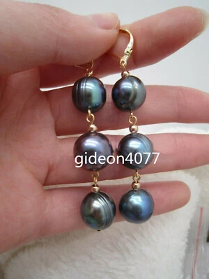 huge 11-12MM AAA++BAROQUE BLACK  Tahitian PEARLS EARRING 14K GOLD - Image 1 of 3