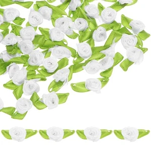 100-Pack Mini Ribbon Roses, Satin Ribbon with Green Leaves[White] - Picture 1 of 6