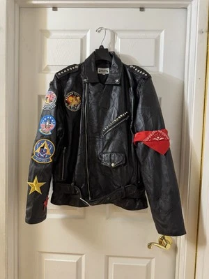 Jaqueta de couro sintético preta motociclista - Imagem 1 de 4