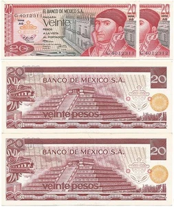 MEXICO 7-18-73 Two Pieces SEQUENTIAL SERIAL NUMBERS 20 Pesos UNCIRCULATED NOTES - Picture 1 of 3