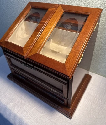 VTG Jewelry Box Wood Armoire Chest Etched Glass Rosalco Commodore 80s Spots - Image 1 of 4