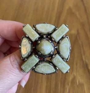 Vintage Scottish Celtic Green Agate Glass Pewter Brooch - Picture 1 of 6