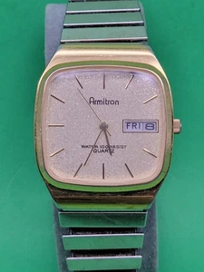 Vintage Armitron Day Date Watch Runs Wristwatch 20/2122 Gold Tone - Picture 1 of 14
