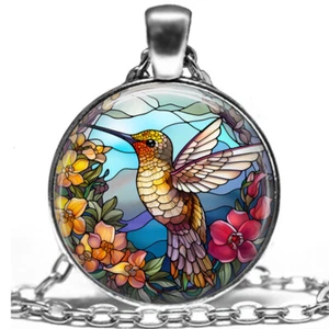 Faux Stained Glass Art Print Hummingbird Bird Lover Gift Pendant Necklace 24" - Picture 1 of 5