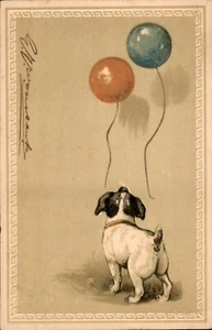 A Little Doggy Watching Balloons - Artist Drawn Vintage Postcard Undivided 1900s - Picture 1 of 2