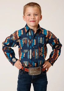 Roper Boys Navy Aztec Stripe Blue 100% Cotton L/S Shirt - Picture 1 of 4