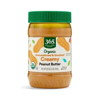 "BRAND": "365 BY WHOLE FOODS MARKET" 365 by Whole Foods Market, Organic Creamy Peanut Butter No Salt Added, 16 Ounce