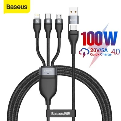 Baseus 100W Cable 3 in 1 USB Type C Micro Fast Charging Charger For iPhone 15 14 - Image 1 of 4