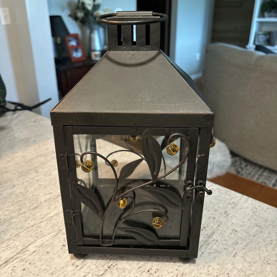 BLACK METAL POWDER COATED HANGING CANDLE LAMP - LEAF PATTERN W/GOLD BALLS - Image 1 of 2
