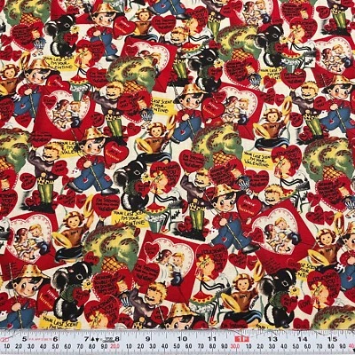 Retro Valentines Brother Sister Designs 2010 Cotton Fabric Remnant 19" x 43" - Image 1 of 2