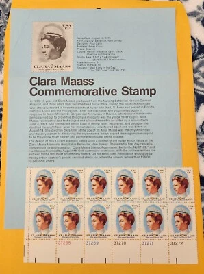 SCOTT #1699, Clara Mass, PLATE BLOCK of 12 w/USPS descriptive info letter - Image 1 of 2