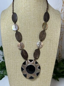 Boho Shell & Coconut Wood Beaded Large Round Engraved Pendant Necklace 1498 - Picture 1 of 17