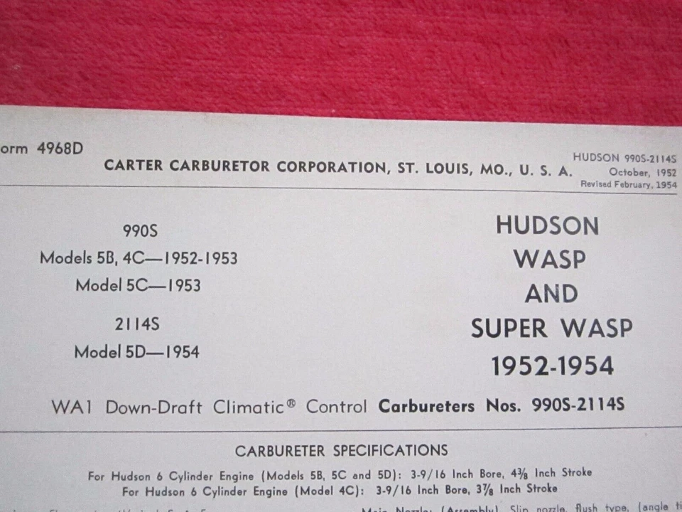 1952,1953,1954 年 HUDSON WASP,超级 WASP,WA1 汽化器规格和信息表 — 第 1/1 张图片