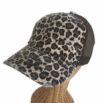 Sombrero de cola de caballo ajustable de lona envejecida, malla trasera estampado de leopardo ¡Nuevo! Foto 1 de 4