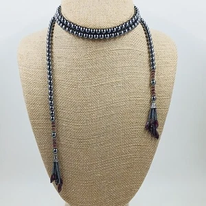 FINE Sterling Garnet Hematite Lariat Flapper Tassle 42" - Picture 1 of 6