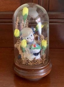 Vintage MCM Musical SpInning  Floral Cloche Dome Terrarium Mid-Century Decor - Picture 1 of 7
