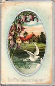 Valentine Lovers Heart Vintage Postcard Country Farmhouse Lovers Doves Fly Meet - Picture 1 of 2