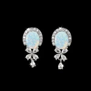 925 Sterling Silver Natural 6x8mm Oval Opal Sapphire 3/4''Earrings Gemstone - Picture 1 of 2