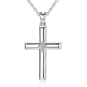 CRYSTTAL Minimalist Cross Pendant 925 Sterling Silver Zircon Women Necklace Gift - Picture 1 of 10