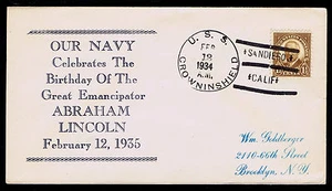 EE. UU. # 684 AZUL MARINO CELEBRA CUMPLEAÑOS LINCOL PM USS CROWNINSHIELD 1934 (ESP #884) - Imagen 1 de 1