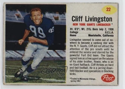 1962 Post Cliff Livingston #22 Rookie RC - Image 1 of 2