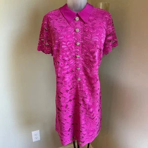 Trina Turk Hani Kleid fuchsia rosa Spitze Schmuck Knopf Kragen Etuikleid Gr. 12 - Bild 1 von 6