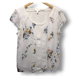 Lauren Conrad Floral Blouse Large White Micro Pleats Boho Cottagecore - Picture 1 of 12