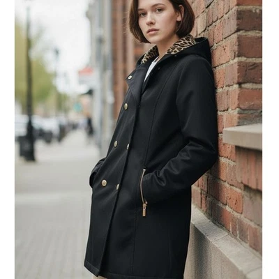 NWOT Via Spiga Hooded Trench Coat Raincoat Black Animal Print Faux Fur Lining M - Image 1 of 4