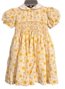 Vintage 80s Sarah Louise England Smocked Dress Girls 4 Yellow Flowers Lined - Picture 1 of 11