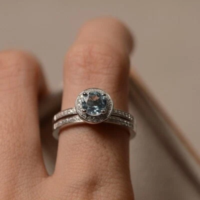 1.54 Ct Round Cut Real Aquamarine& Diamond Engagement Ring 14K Solid White Gold - Image 1 of 4