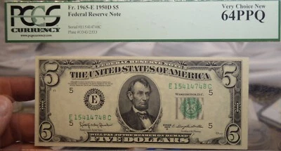 1950 E $5 PMG 64 VERY CHOICE UNC Federal Reserve rICHMOND Fr 1965eE - Image 1 of 2