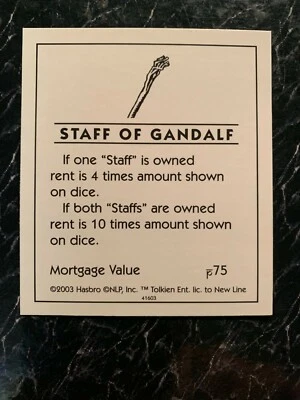 Monopoly LORD OF THE RINGS Trilogy Edition Staff Of Gandalf TITLE DEED CARD 2003 - Image 1 of 2