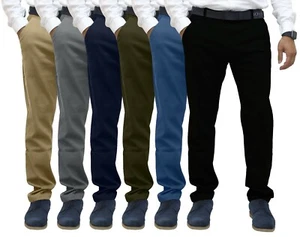 Mens Regular Fit Chino Trousers Stretch Casual Cotton Flat Front Flex Full Pants - Picture 1 of 30