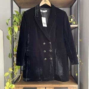 Zara Velvet Blazer Dress XXL / UK 16 Black Pockets Double Breasted Jacket - Picture 1 of 9