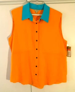 Cremieux Cute Sleeveless Blouse SzL button front bright orange w/turq Collar NWT - Picture 1 of 6