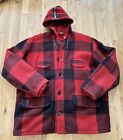 Vintage Johnson Woolen Mills Jacket Size 46 Red Black Buffalo Plaid Hooded 70’s