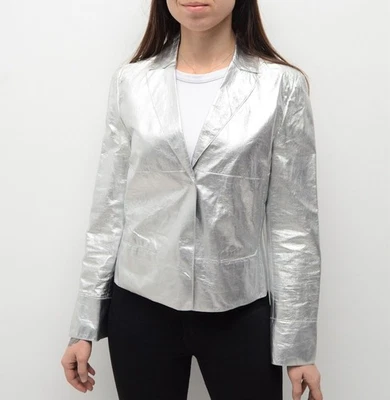 Chaqueta Abrigo Mujer Cuero Blazer Plateado Chaqueta Metálica Piel de Cordero  Foto 1 de 4