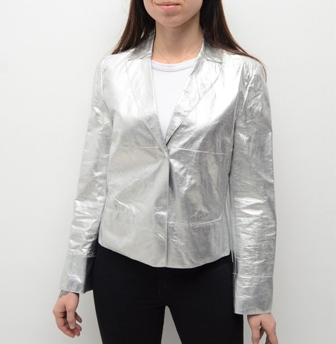 VETEMENTS Giacca donna pelle cappotto argento blazer giacca pelle di agnello metallizzato
