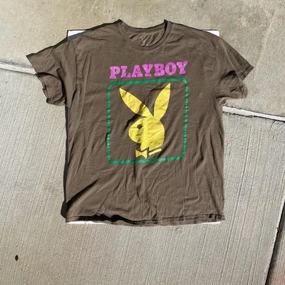 Camiseta Playboy Y2K Rosa Deletreado Gráfico Marrón Cuello Redondo Amarillo Conejito Talla XL Foto 1 de 4