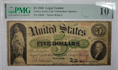 1862 $5 Legal Tender Five Dollars PMG VG10 No Comments Circulated Fr.61a *K630 - Image 1 of 4