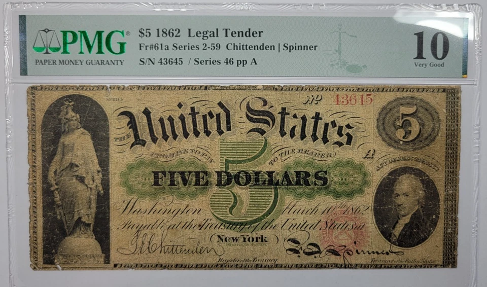 1862 $5 Legal Tender Five Dollars PMG VG10 No Comments Circulated Fr.61a *K630 - Image 1 of 4
