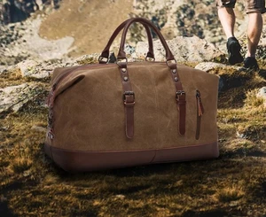 Canvas Leather Men’s Travel Duffel Bag Carry On Luggage Tote Weekend Bag - Picture 1 of 12