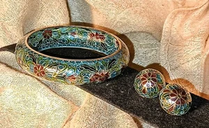 Vintage Plique A Jour " Letting In Daylight"  Bangle Bracelet And Matching... - Picture 1 of 10