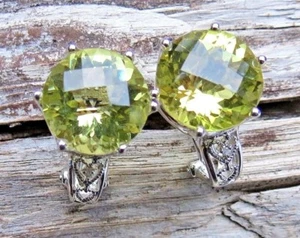 FANCY 14K WHITE GOLD QUARTZ & DIAMOND CROWN EARRINGS - Picture 1 of 11