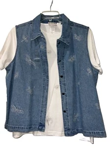 Metallic Dragonfly Butterfly Blue Denim Vest White Cotton Shirt Set Women’s L - Bild 1 von 10