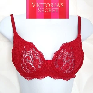 Vintage 90s Victoria's Secret Bra Red Lace Sheer Underwire 1999 Y2K Flirty 34B - Picture 1 of 11