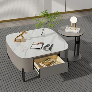 Large Storage Coffee Table with Drawer Living Room Saddle Leather Side Tea Table - Picture 1 of 14