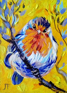 IMPRESIÓN ACEO de Pintura Pájaro Hojas Amarillas Están Cayendo Arte en Miniatura - Imagen 1 de 3