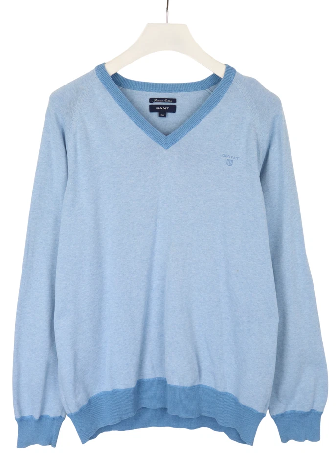 Gant Premium En Coton Pull Homme 2XL Col En V Pull Ample Bleu Mélangé - Photo 1/4